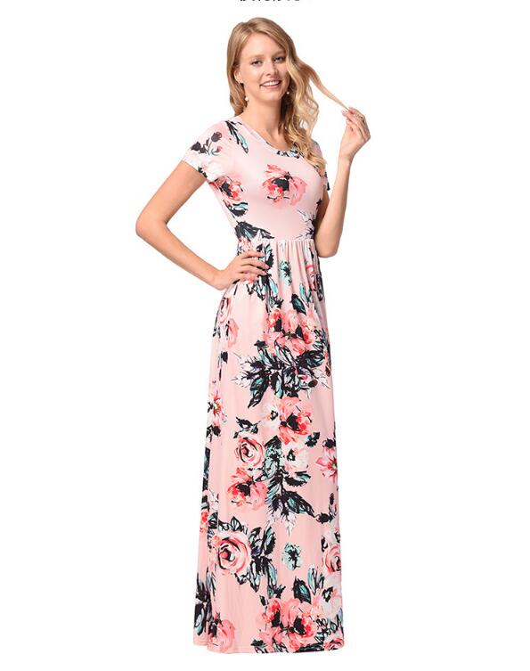 SZ60130-4 Womens Sleeve Floral Print Maxi Dress With Pockets